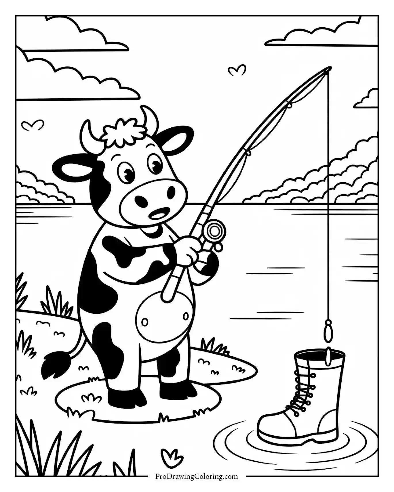 Cow surprised catching a boot instead of fish while fishing at lake, printable coloring sheet