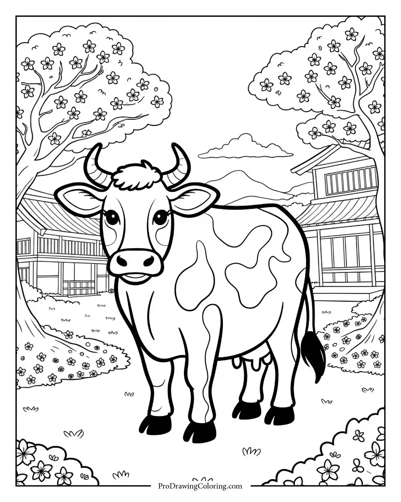 Cow walking in Japanese village under sakura blossoms, printable coloring sheet