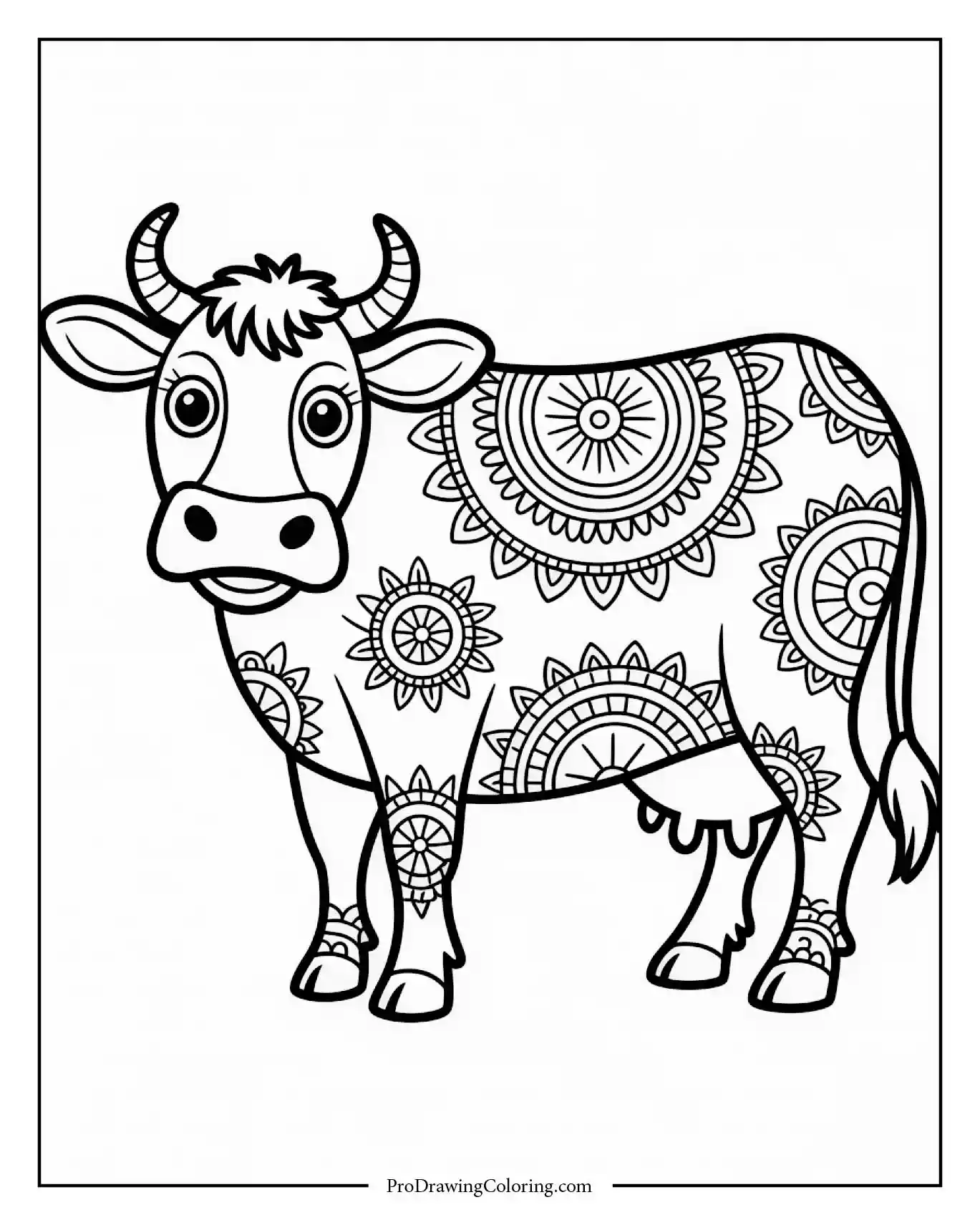 Elegant cow decorated with mandala designs, printable coloring page for adults