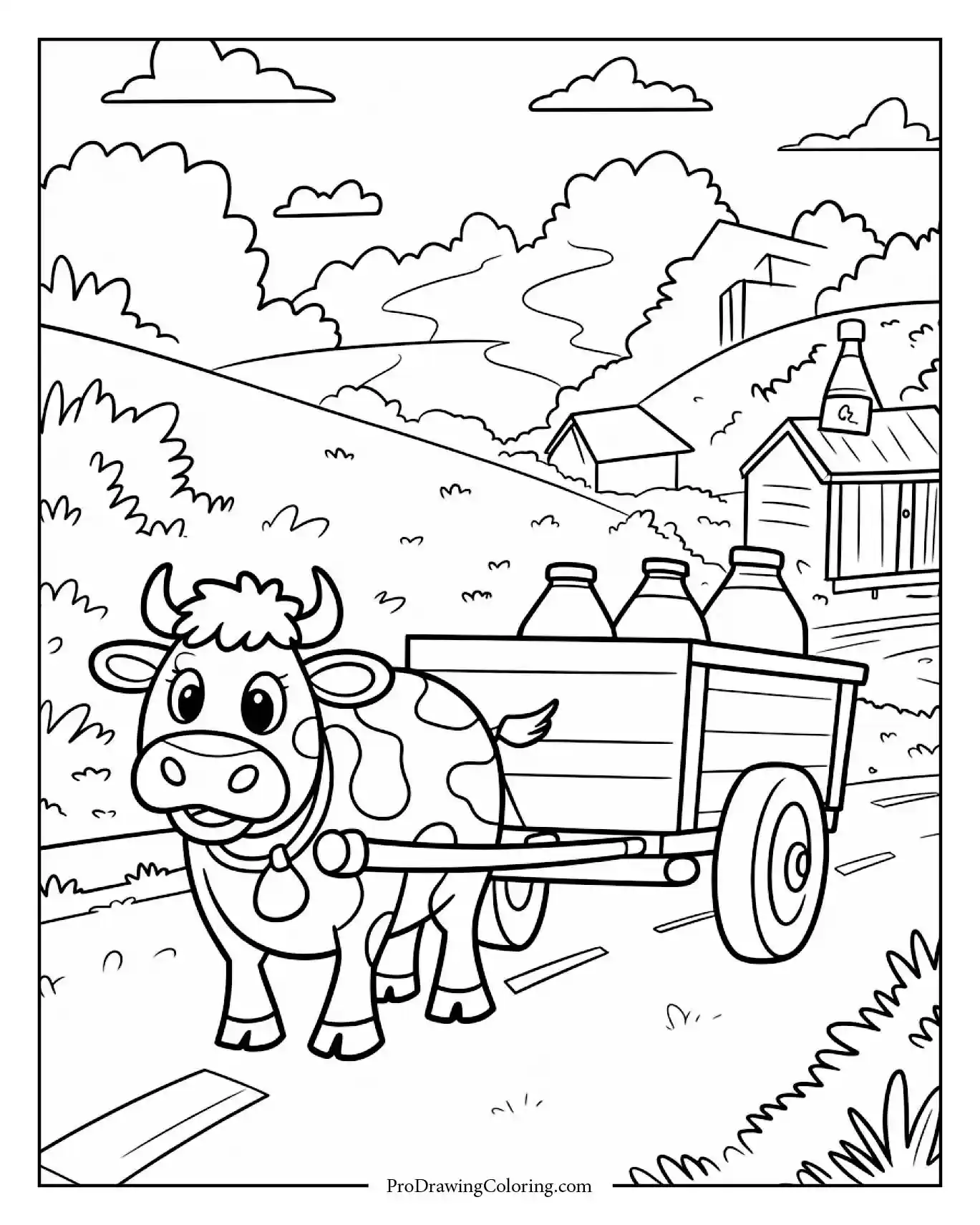 Cartoon cow pulling milk cart filled with cans, fun sheet for kids