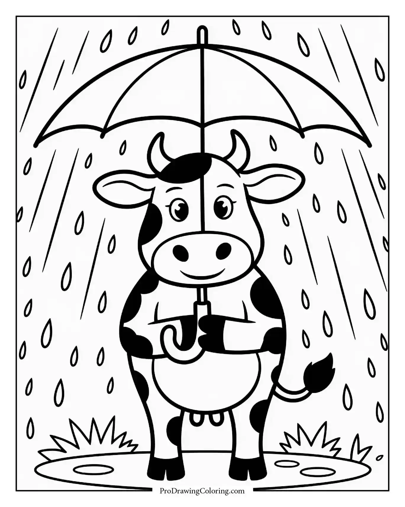 Cute cow holding umbrella as raindrops fall, printable coloring sheet