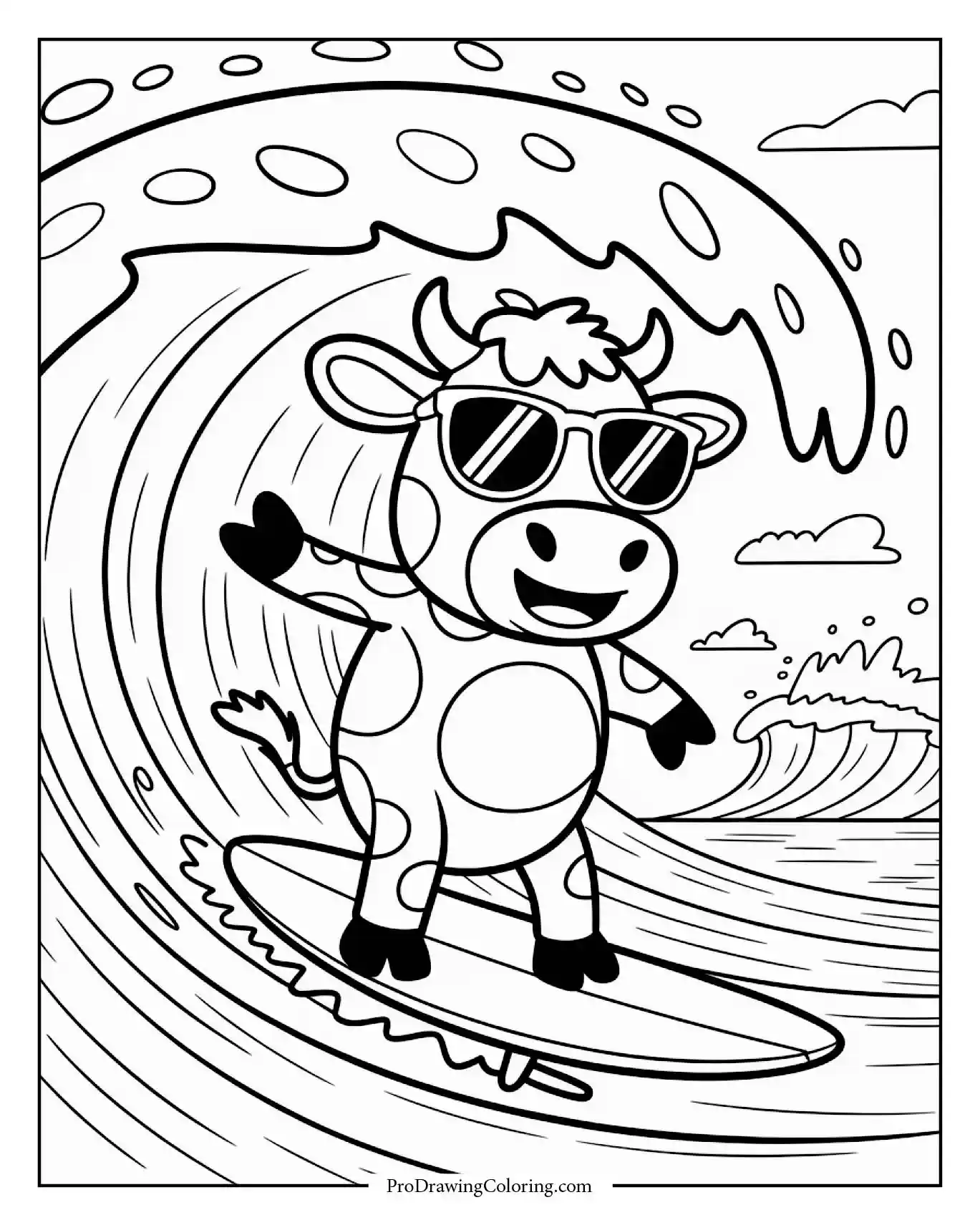 Cool cow surfing ocean wave wearing sunglasses, printable sheet for kids