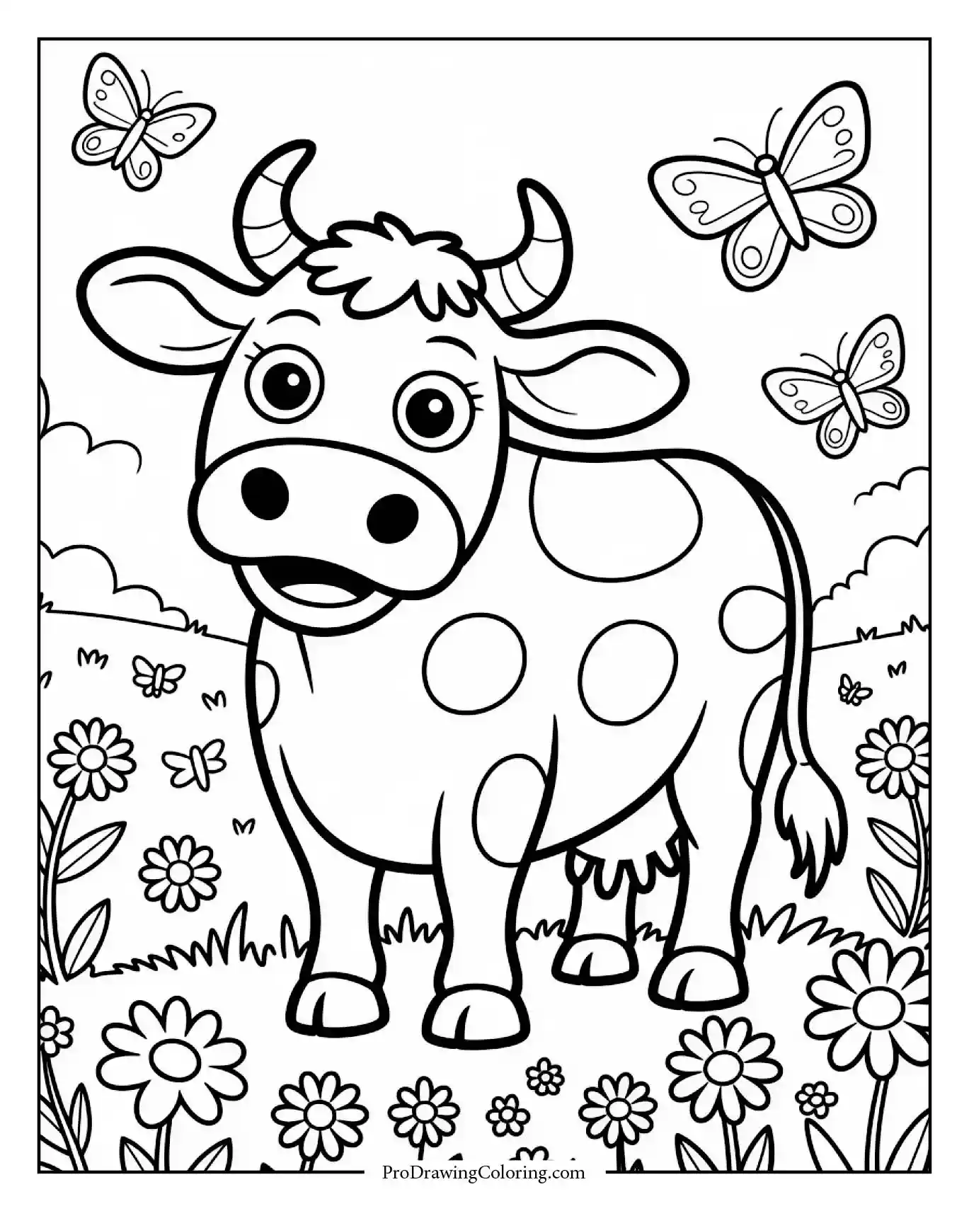 Cartoon cow standing in a field of colorful wildflowers, printable coloring sheet for kids