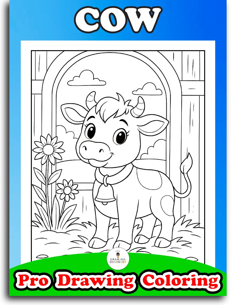 Farm cow coloring pages for kids, simple animal drawings for school.
