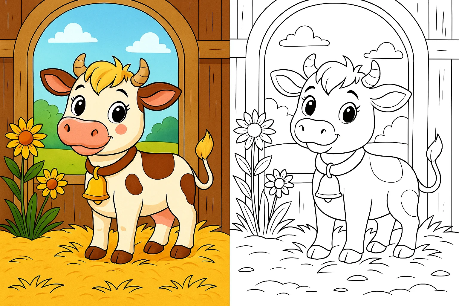 cow coloring pages – cute cartoon cow with a bell standing inside a wooden barn with flowers and a sunny sky; left side fully colored farm scene, right side identical black-and-white cow coloring page for kids