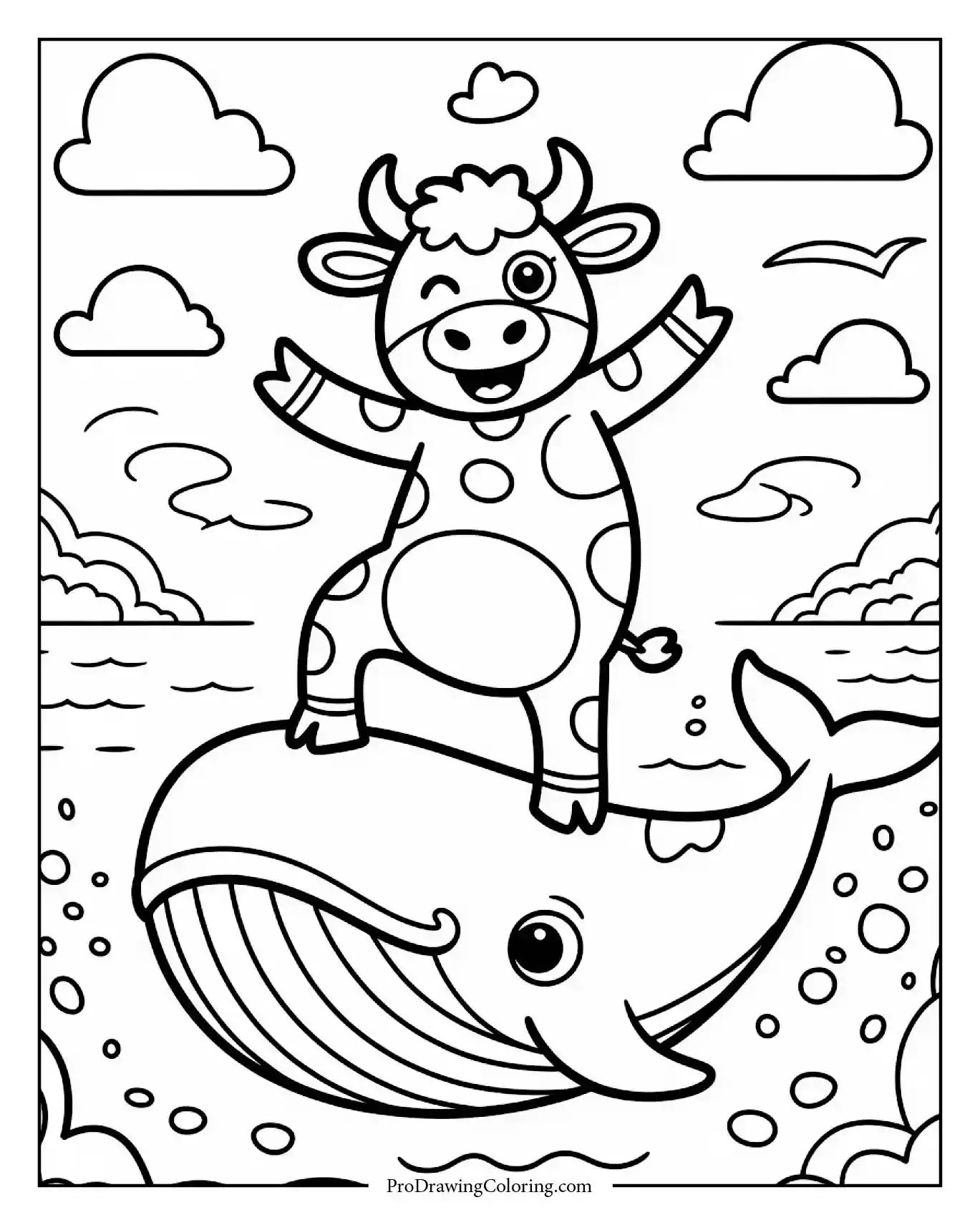 Funny cow dancing joyfully on top of whale in ocean