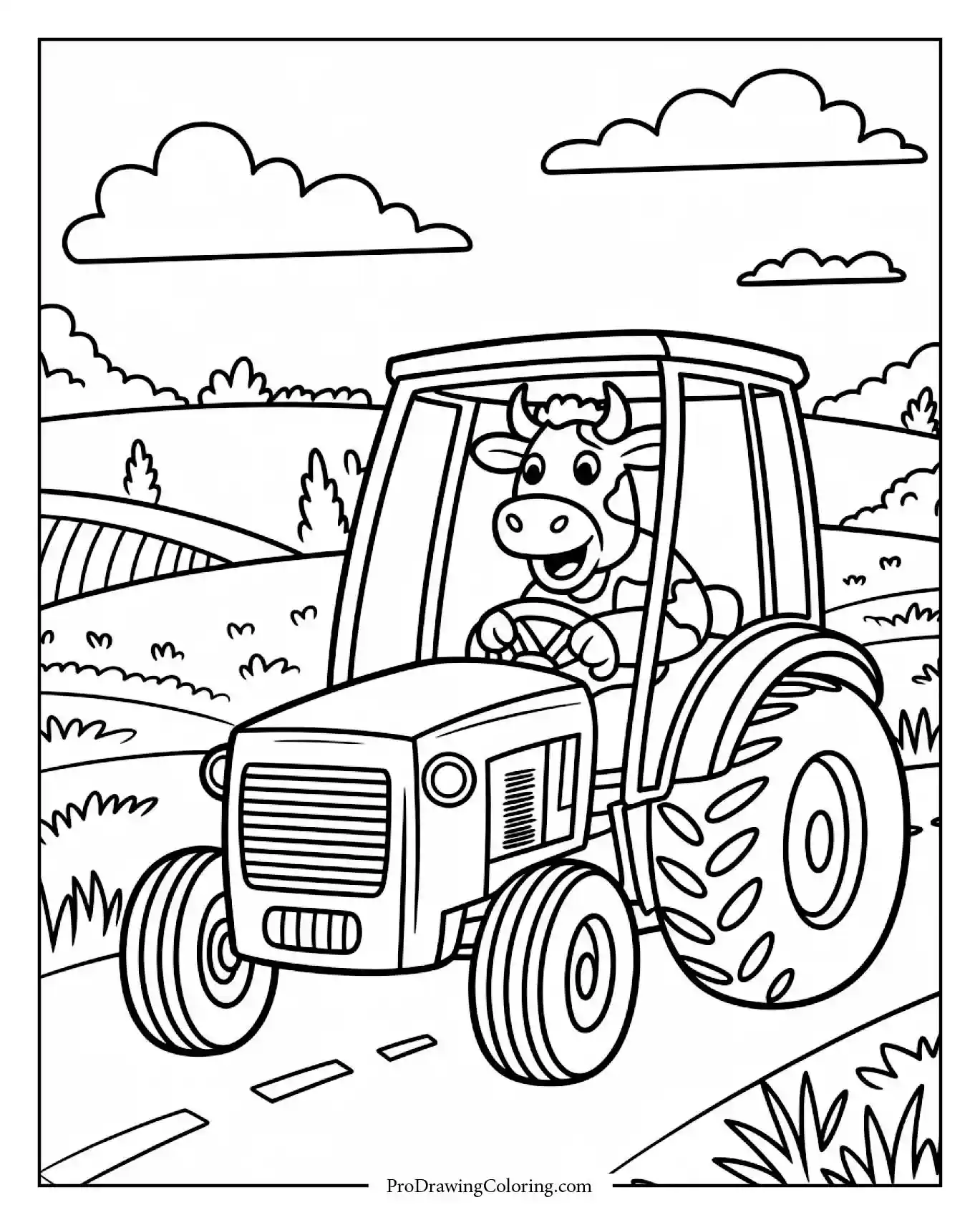Cow smiling while driving a red tractor across green fields