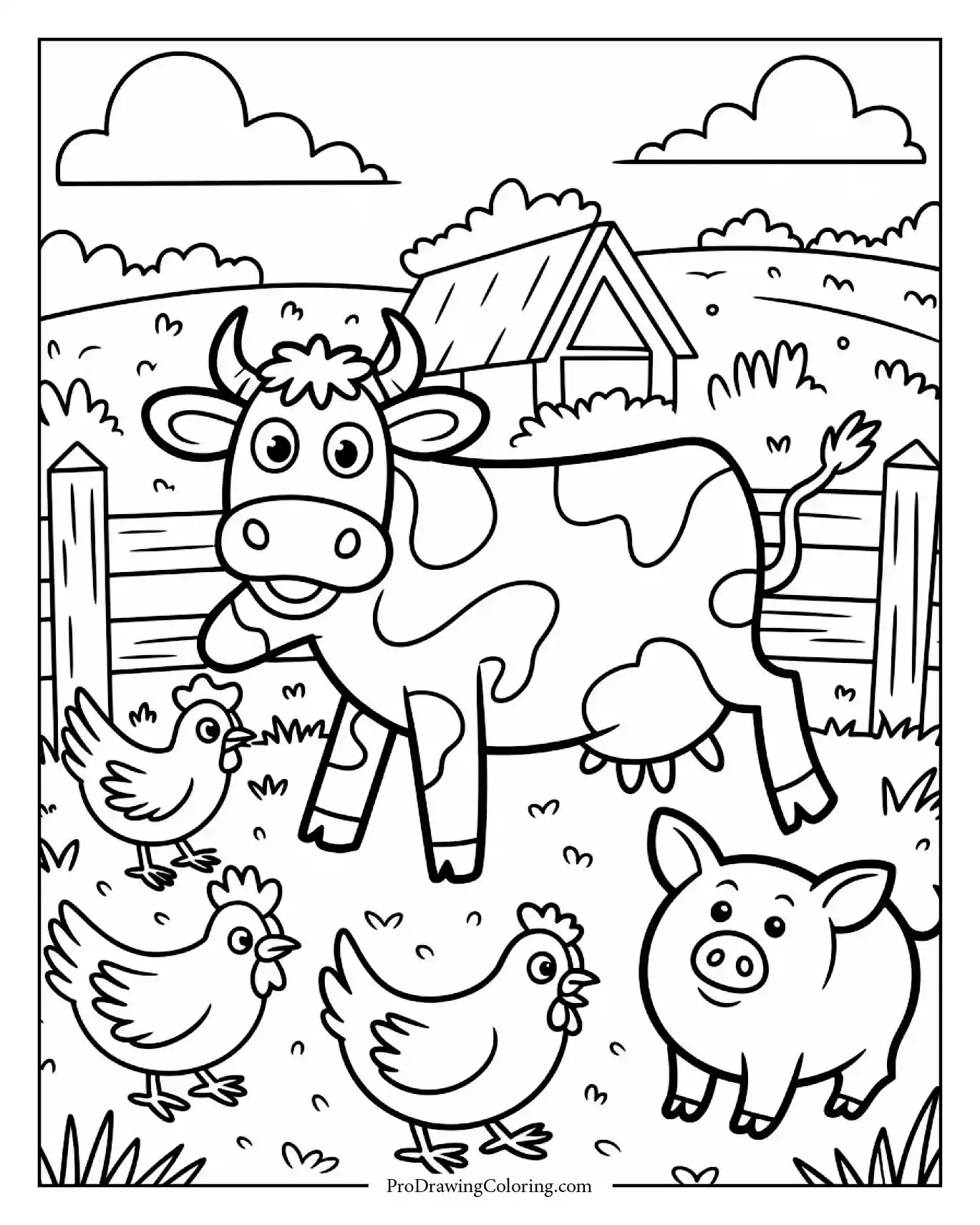 Cow playing happily with chickens and pigs on sunny farm