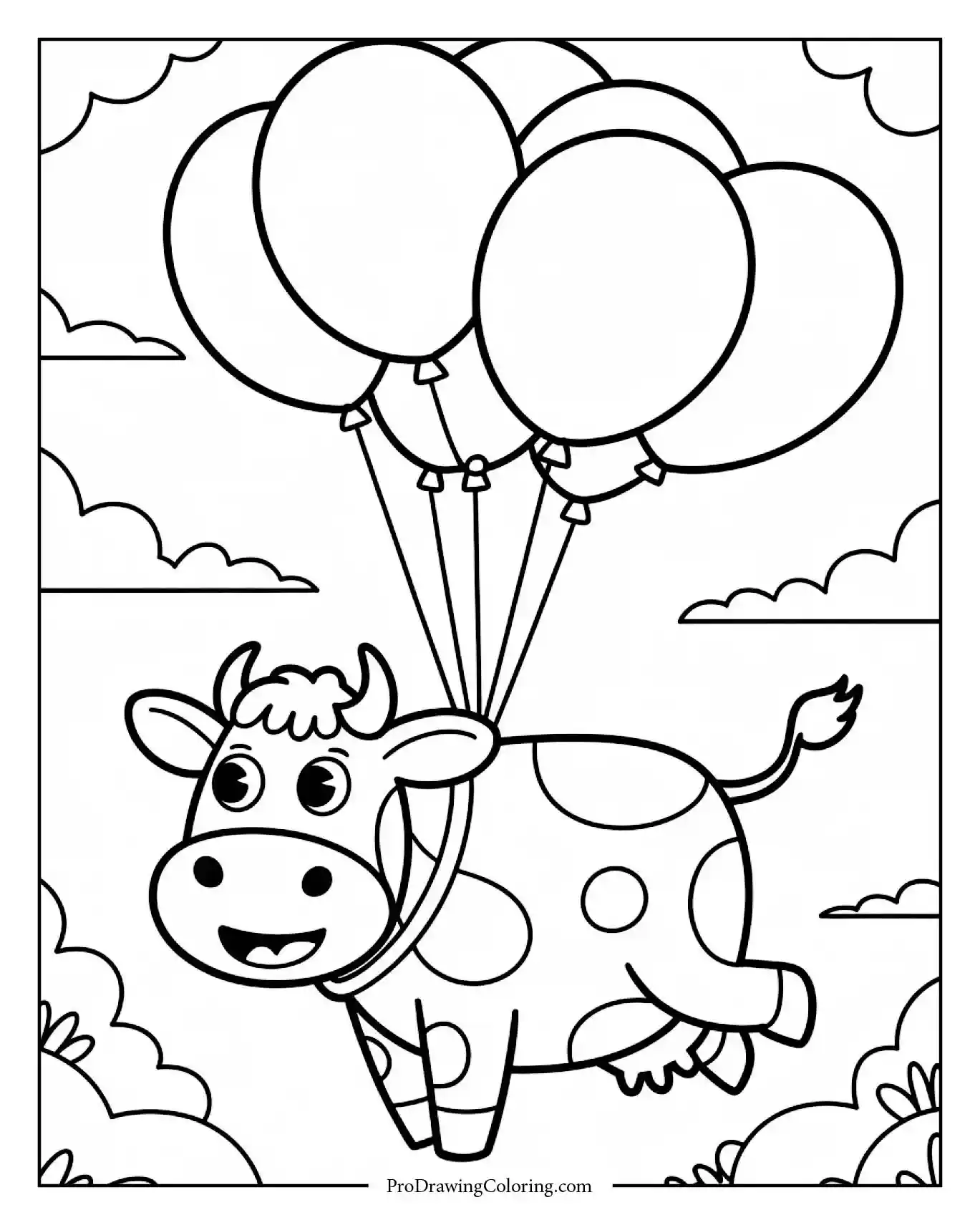 Cow floating happily with colorful balloons in blue sky