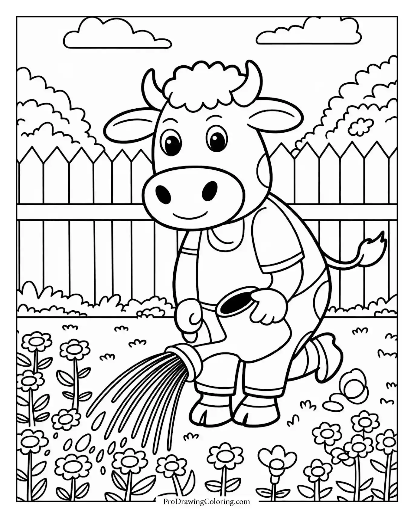 Cow watering colorful flowers with watering can