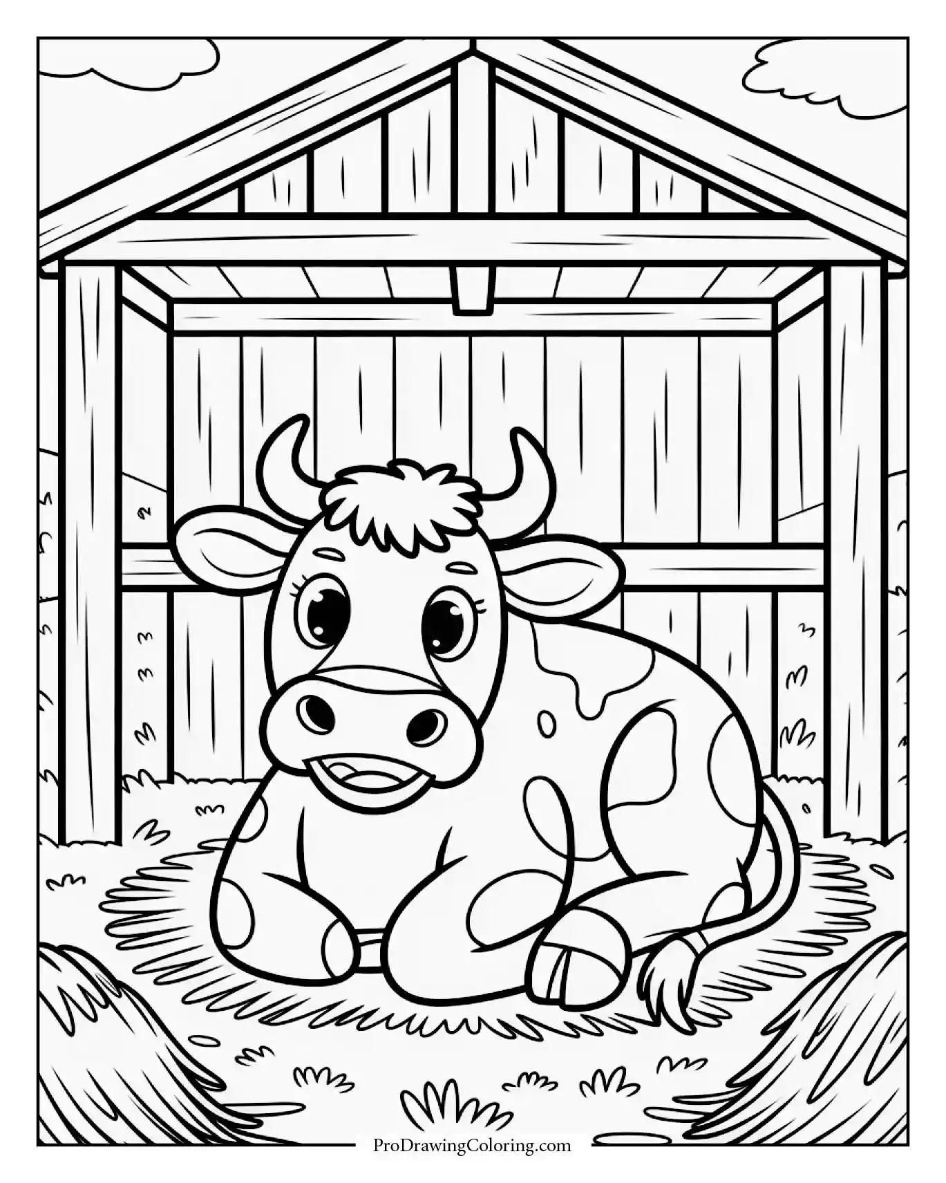 Cow resting comfortably on hay inside a rustic wooden barn