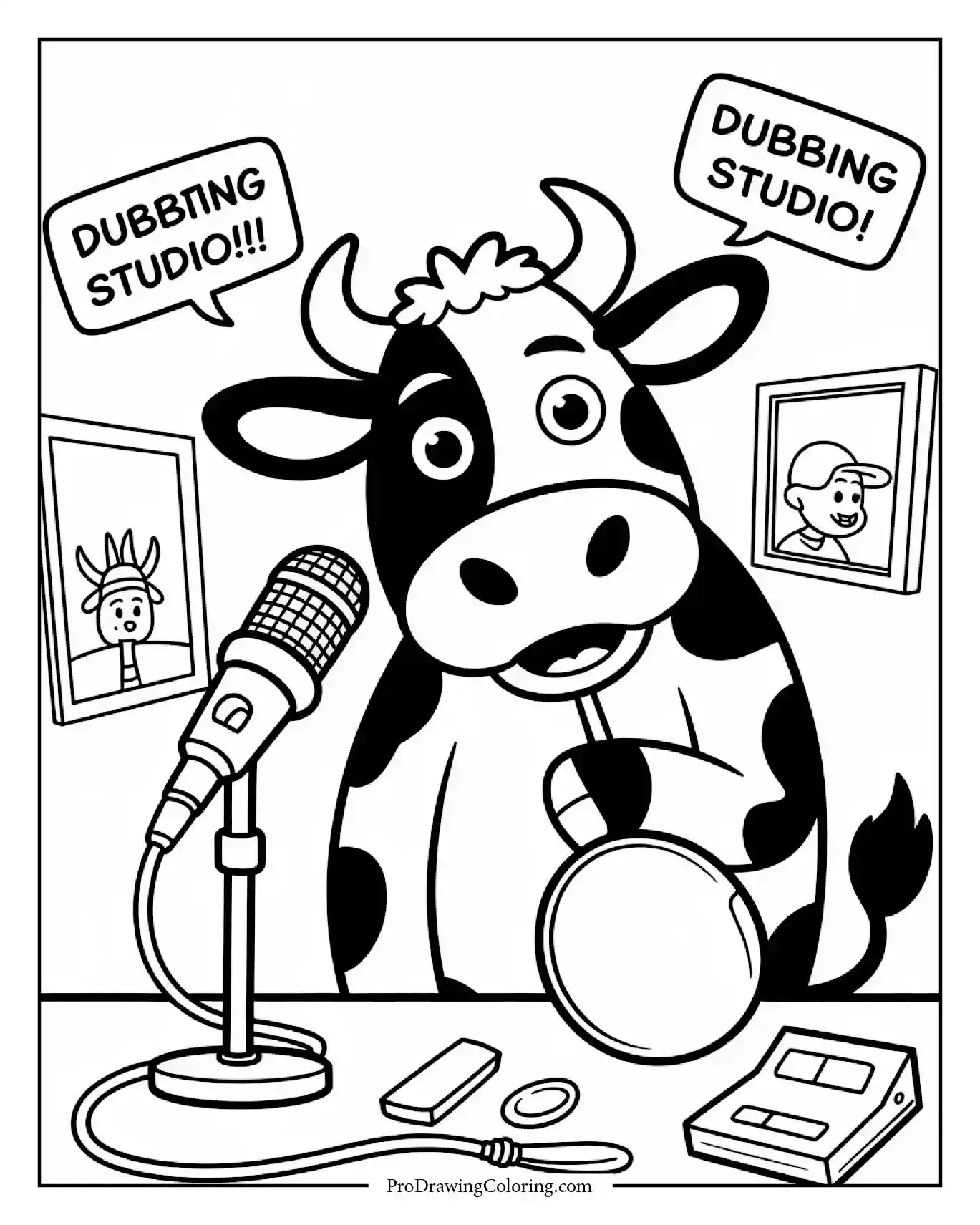 Cow wearing headphones recording cartoon voice in studio