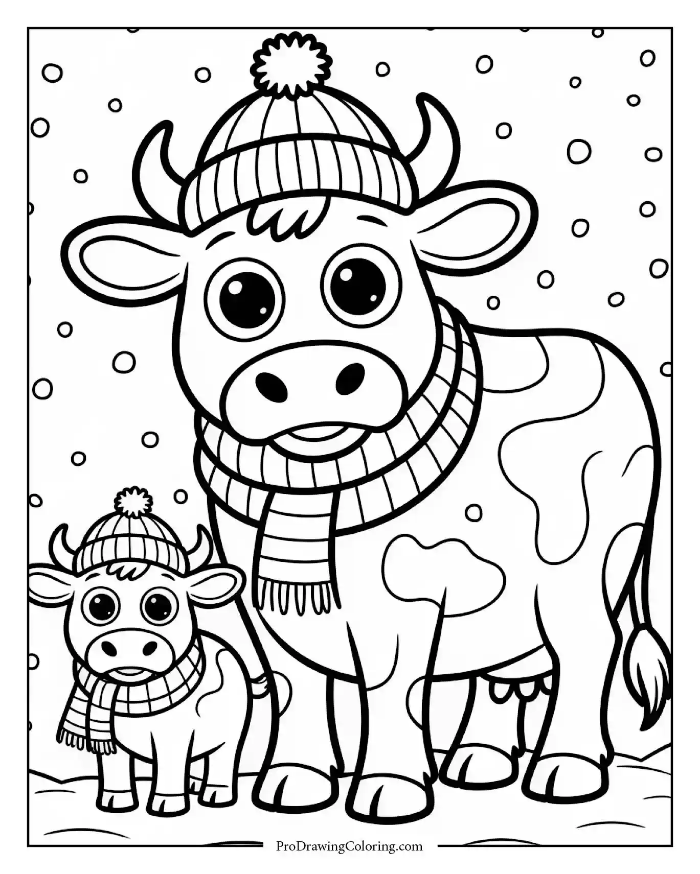 Cow and baby calf playing in white snow wearing winter clothes