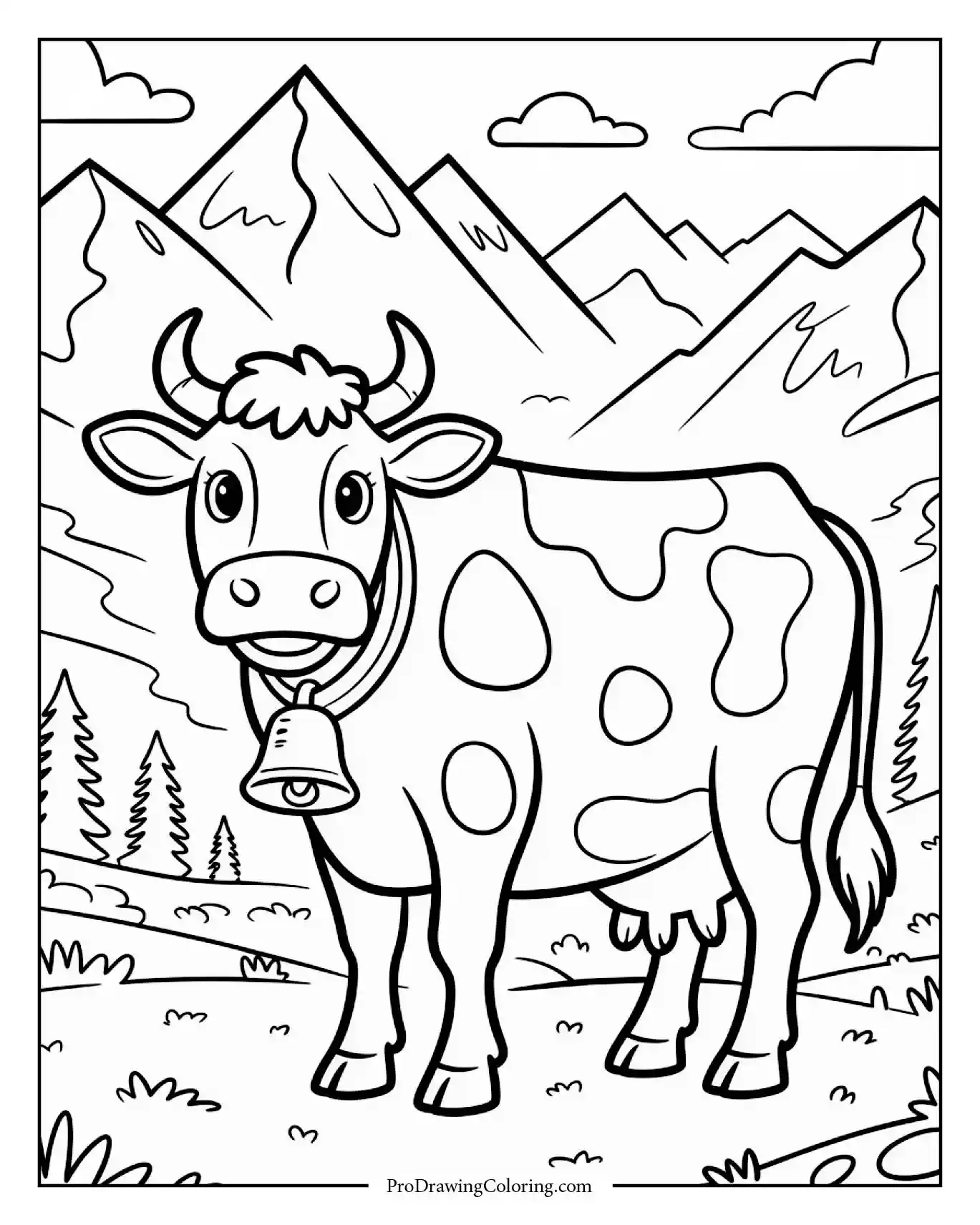 Cow standing in Swiss mountain valley with bell around neck