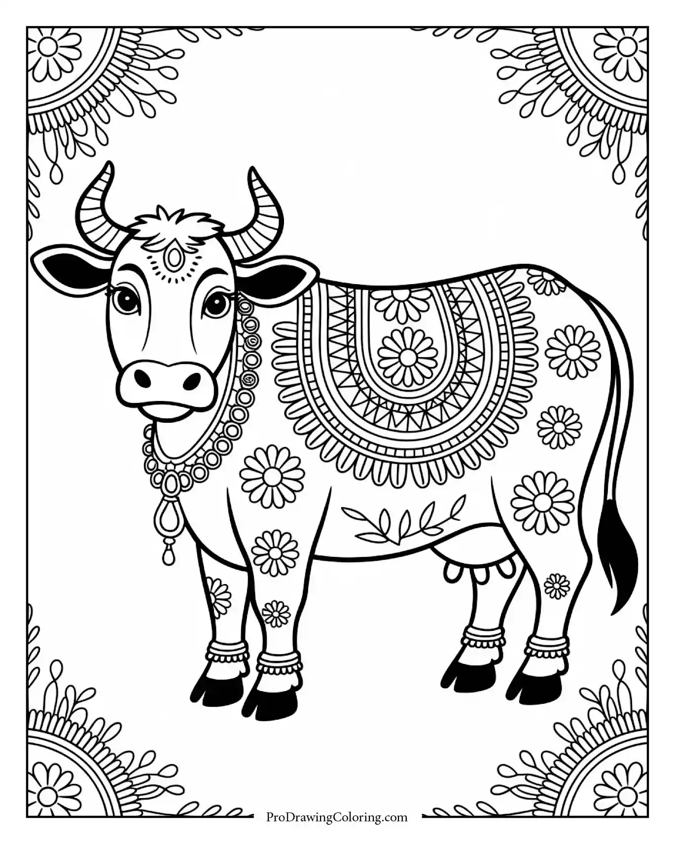 Cow adorned with floral garlands and painted patterns celebrating festival