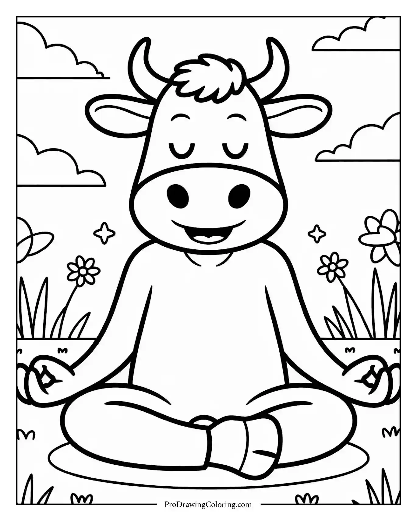 Peaceful cow sitting cross-legged meditating in green field