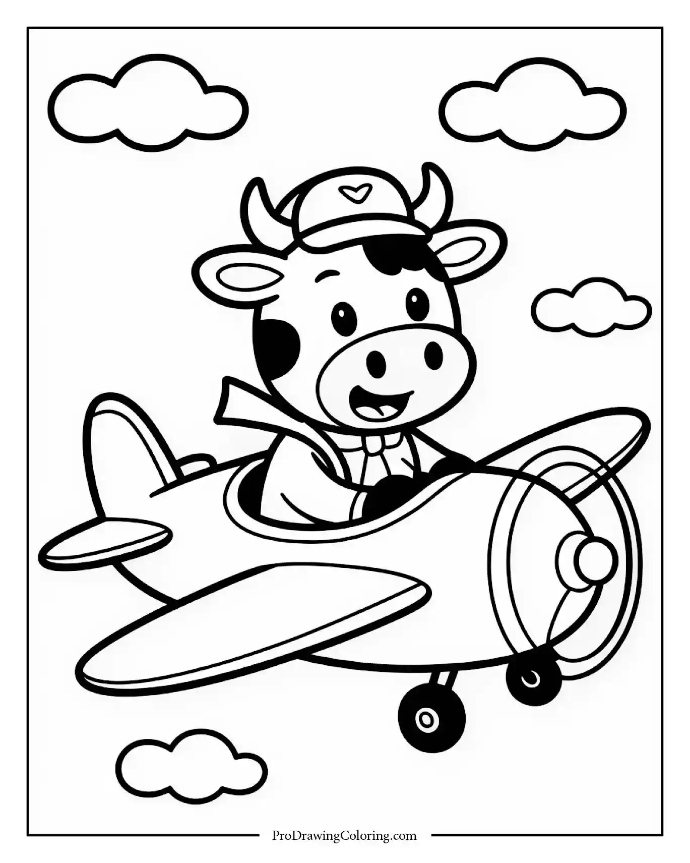 Cow flying small airplane above clouds