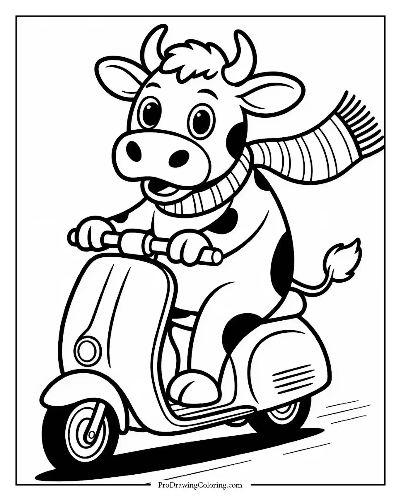 Happy cow riding scooter through sunny village street