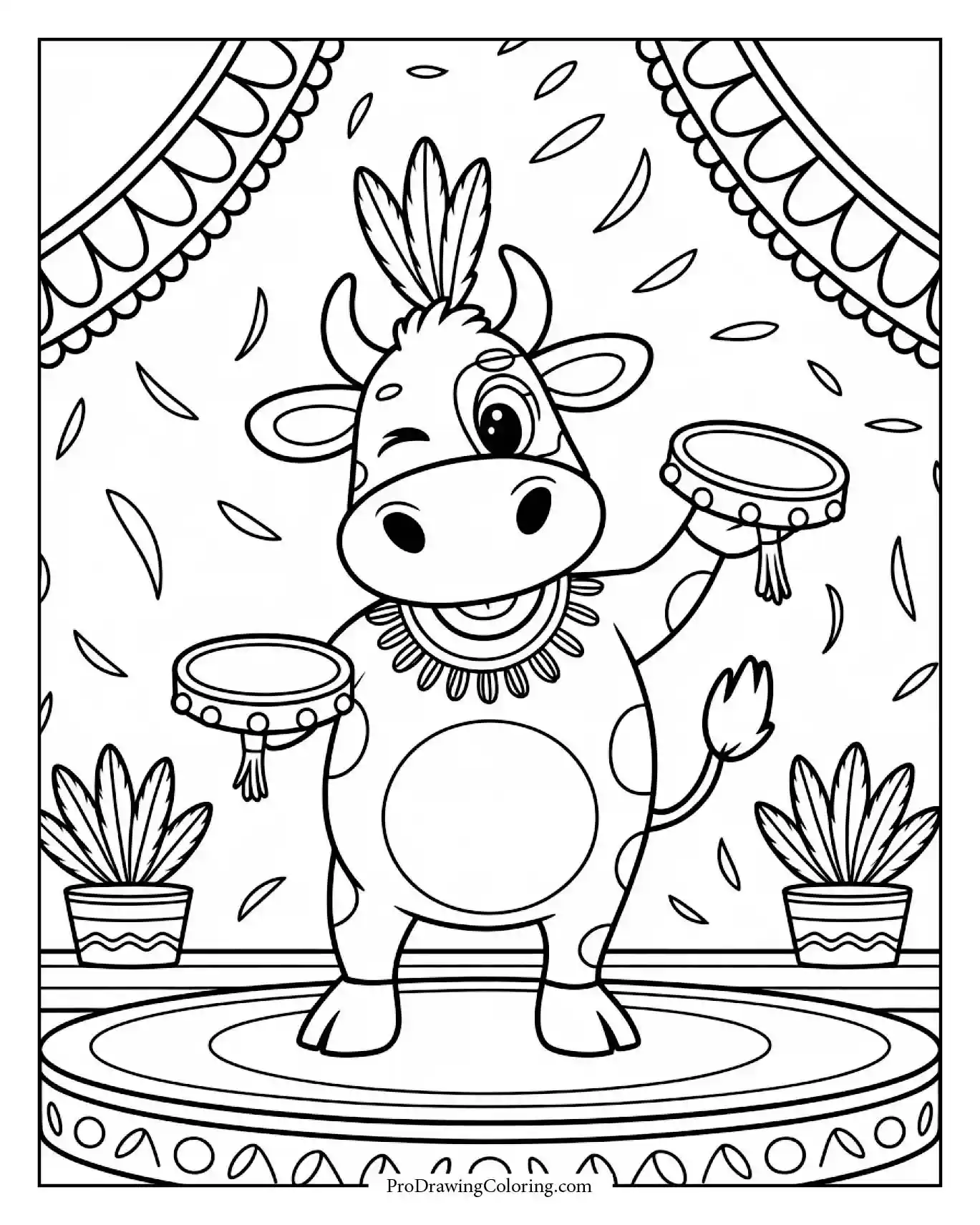 Cow performing samba on stage surrounded by colorful feathers