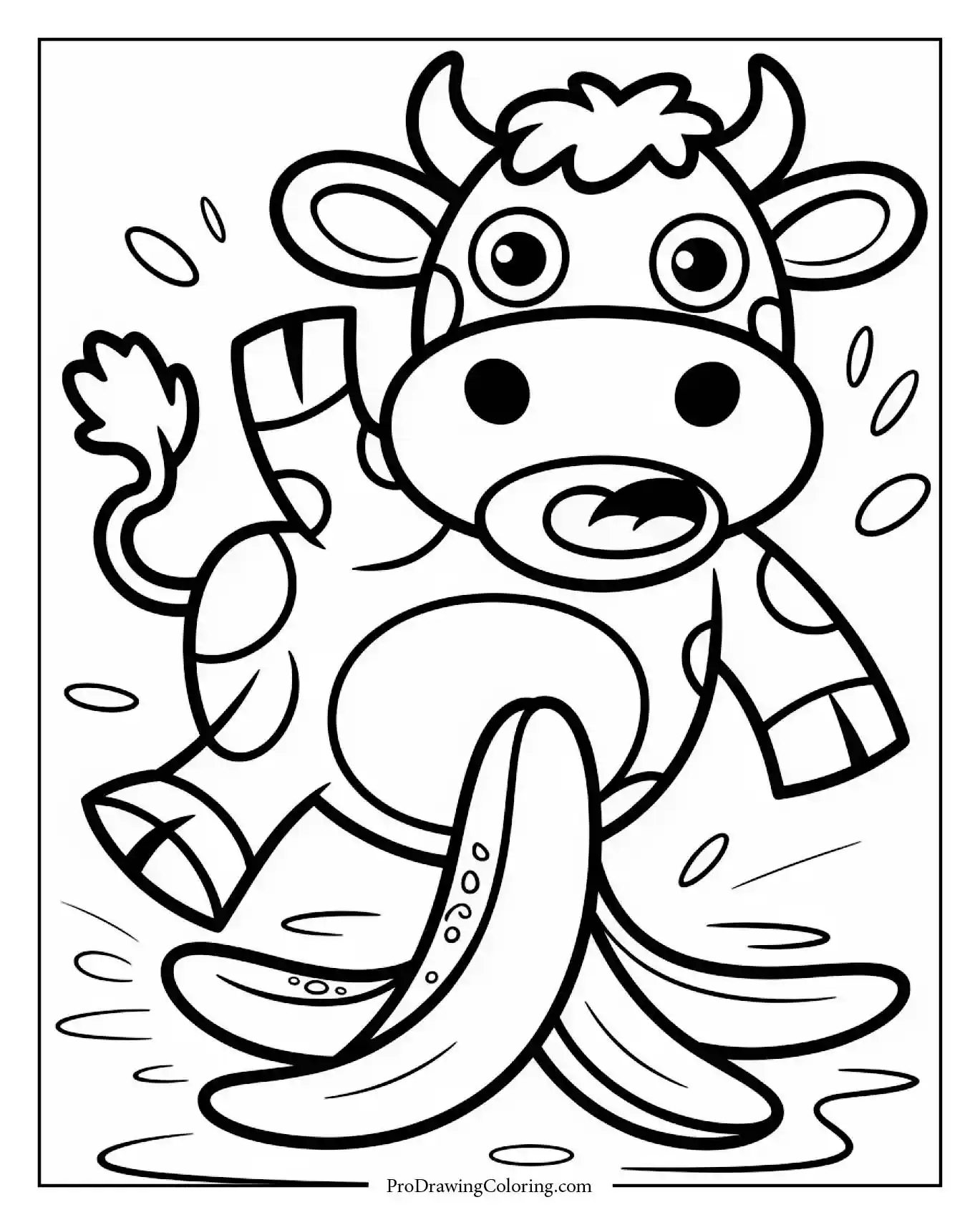 Cow slipping on banana peel in a funny cartoon scene