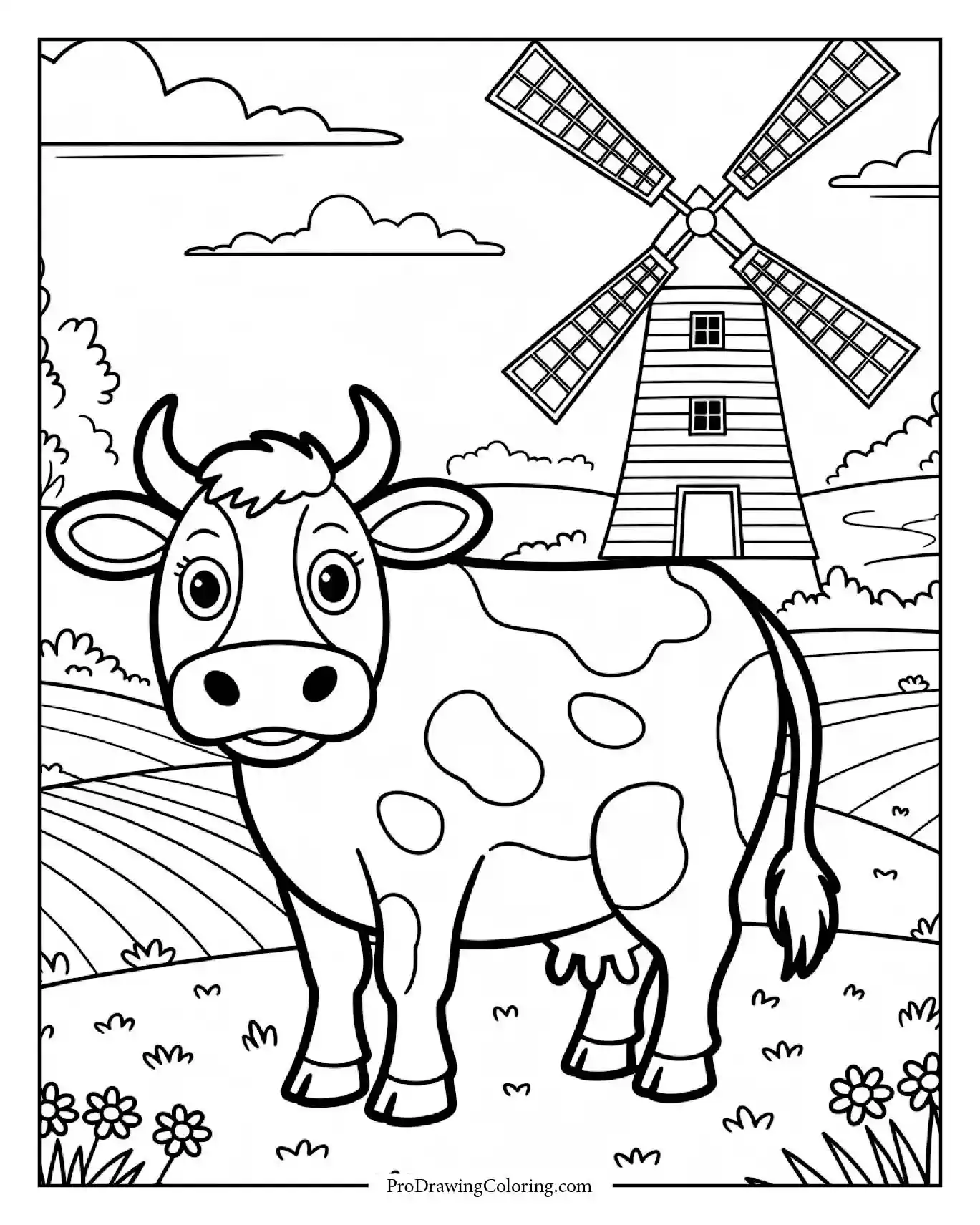 Cow standing in green countryside beside a tall windmill
