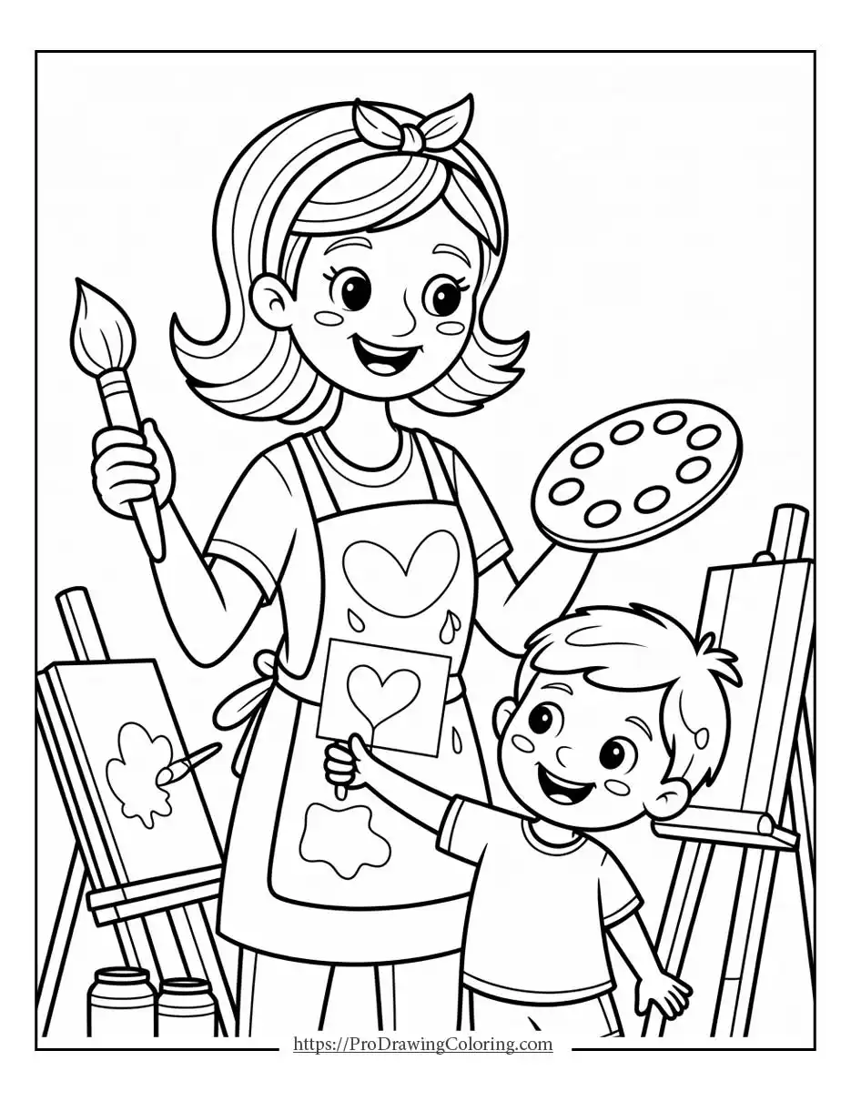 Mom painting with child in an art studio, creative Mother’s Day coloring page for kids