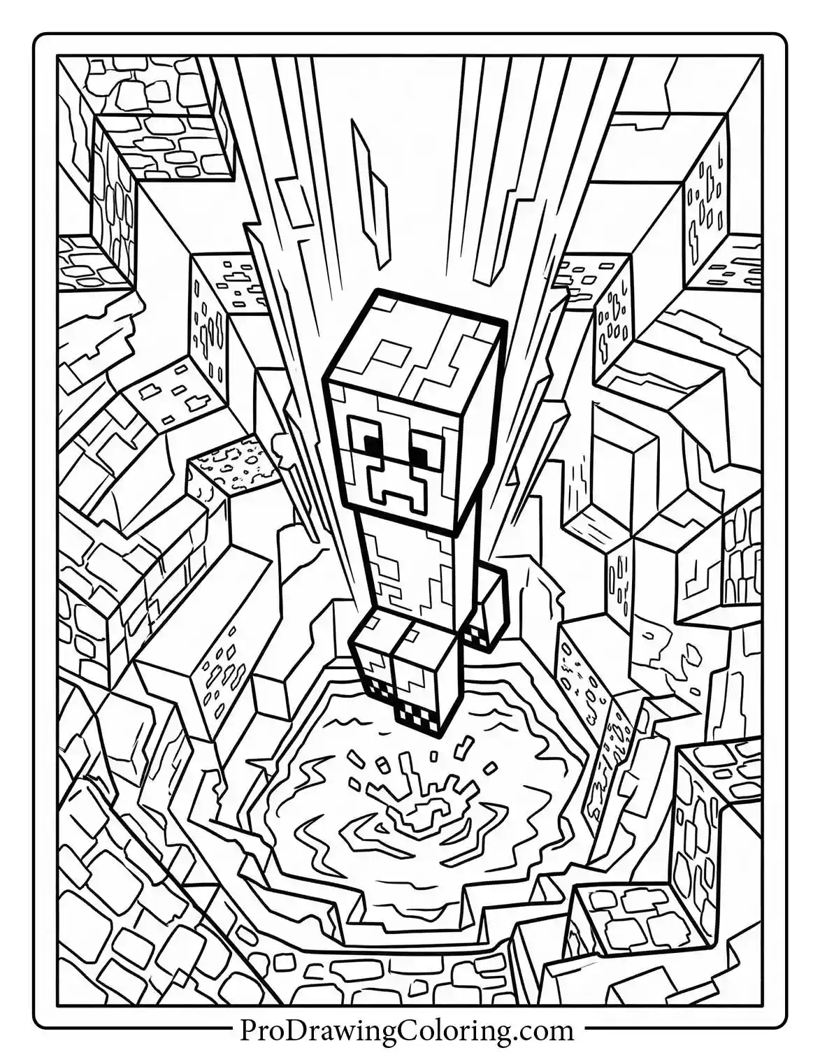 Action-packed Minecraft coloring page of a Creeper in a deep rocky canyon with splashing water and steep stone cliffs.