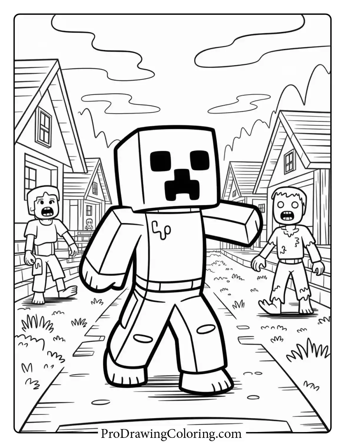 Creeper coloring page minecraft depicting the green monster walking through a peaceful village street with houses and villagers.