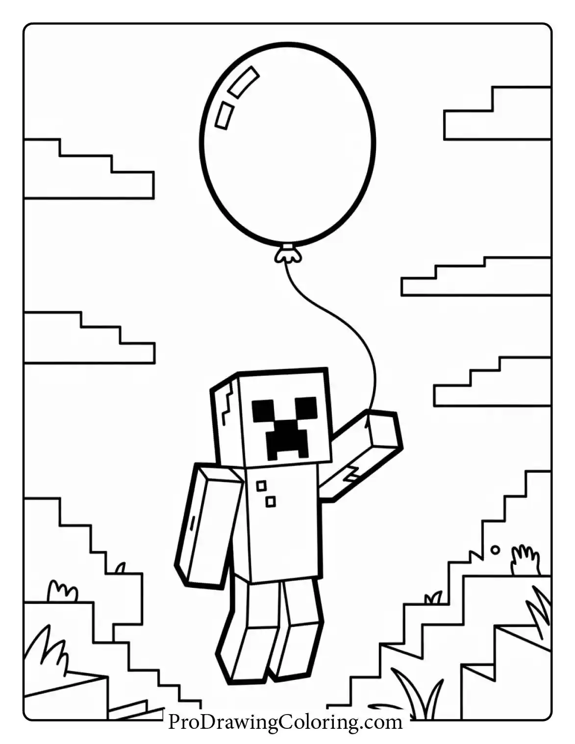 Cool minecraft coloring pages showing a friendly Creeper holding a round balloon while walking through a mountain landscape.