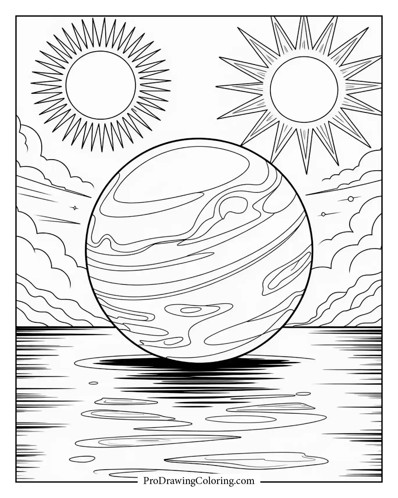 Crystal planet reflecting twin suns in a calm outer space view.