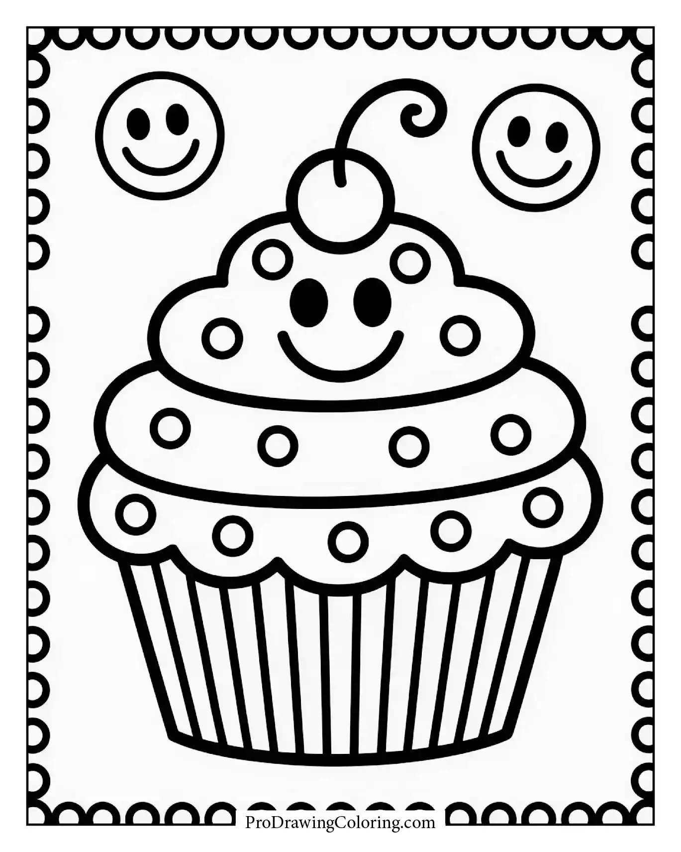 Cupcake coloring pages – dotted border frame with cupcakes