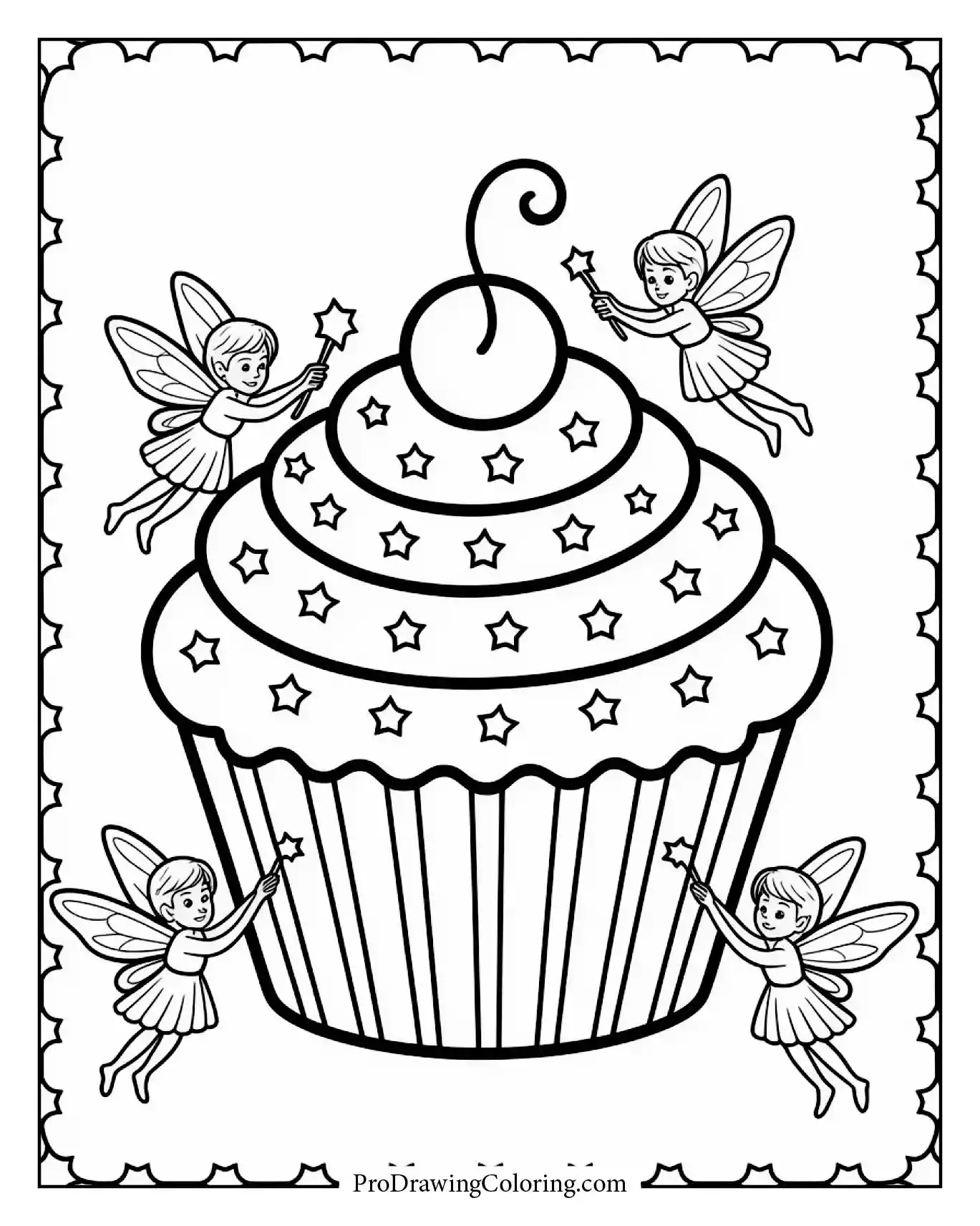 Cupcake coloring pages – cupcakes with fairies and stars fantasy theme