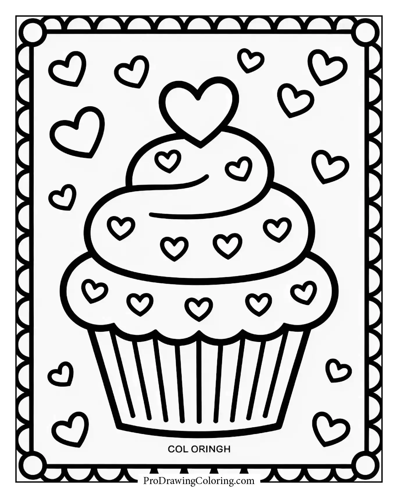 Cupcake coloring pages – cupcake with hearts and confetti sprinkles