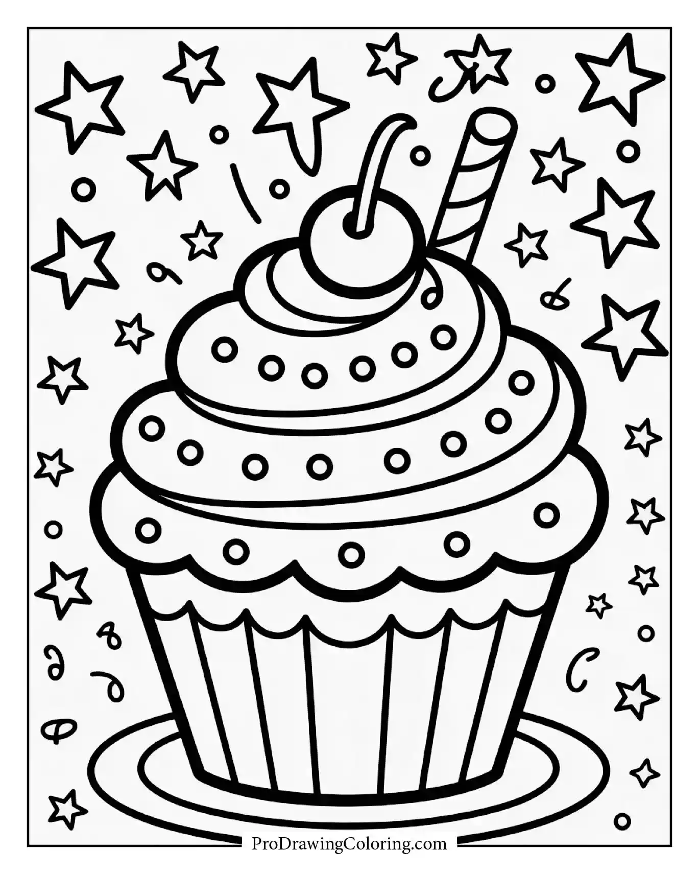 Cupcake coloring pages – cupcake with ribbons and stars coloring page