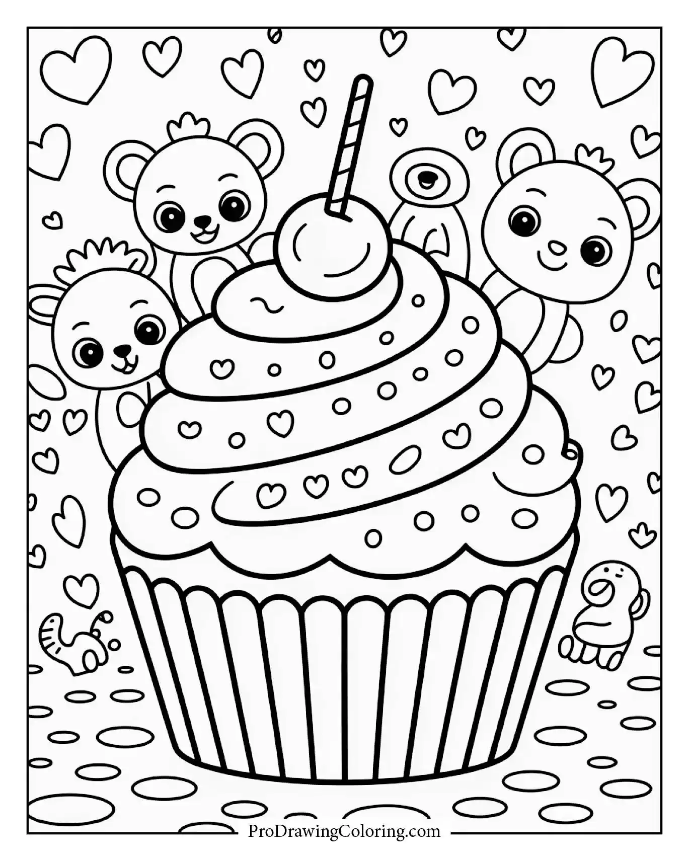 Cupcake coloring pages – cupcake border with cute animals coloring page