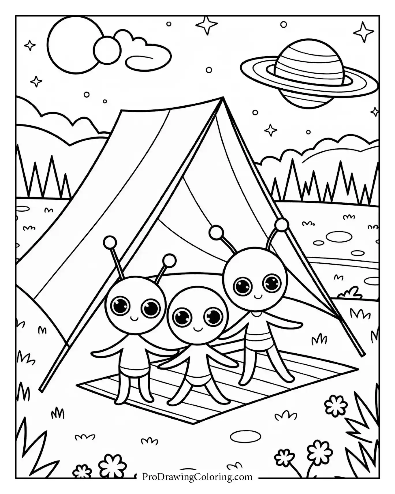 Cute alien family camping near Saturn, printable space coloring page for children.