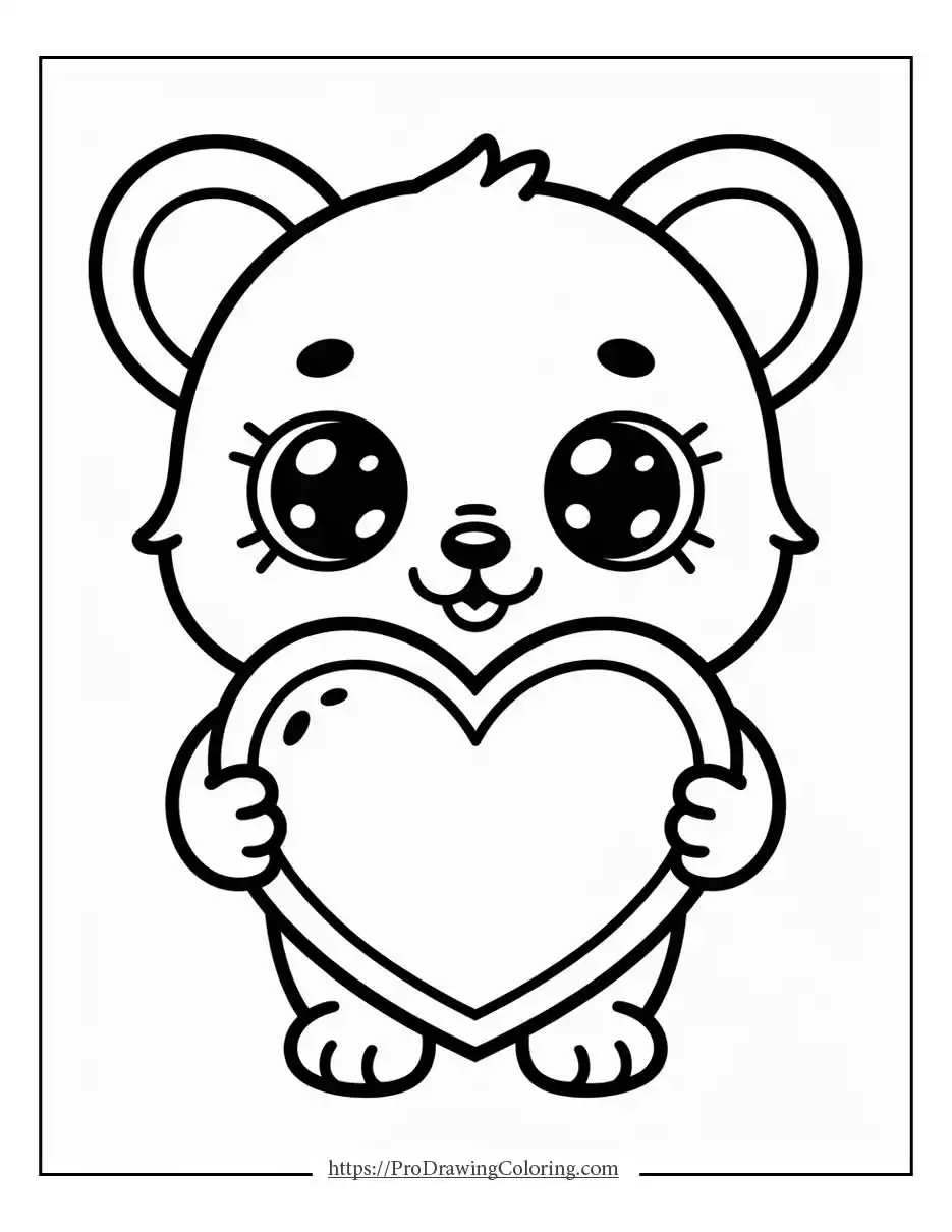 Sweet heart coloring pages showing a cute animal holding a big heart, perfect for young children