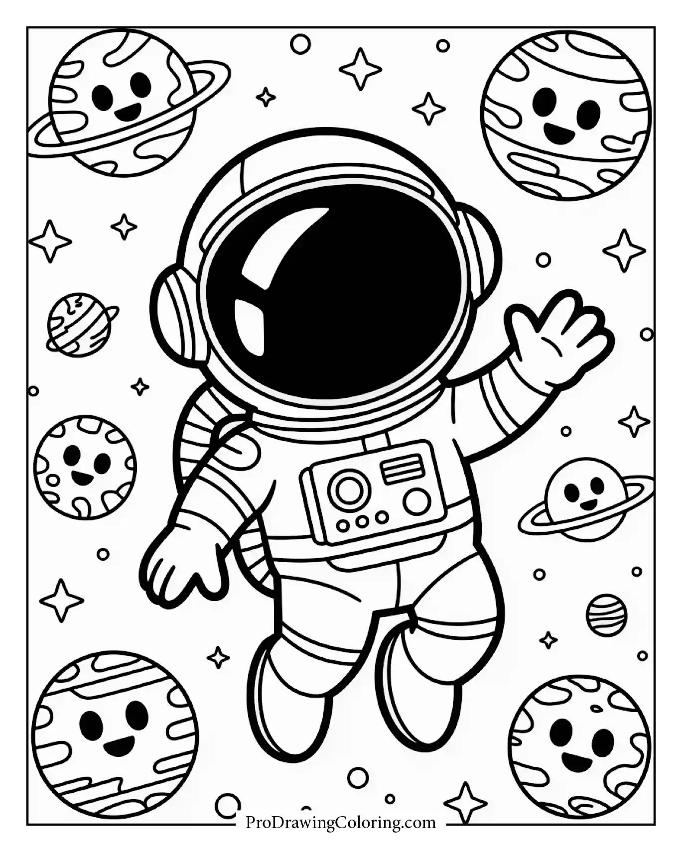 Cute astronaut floating among smiling planets, joyful space coloring page for kids.