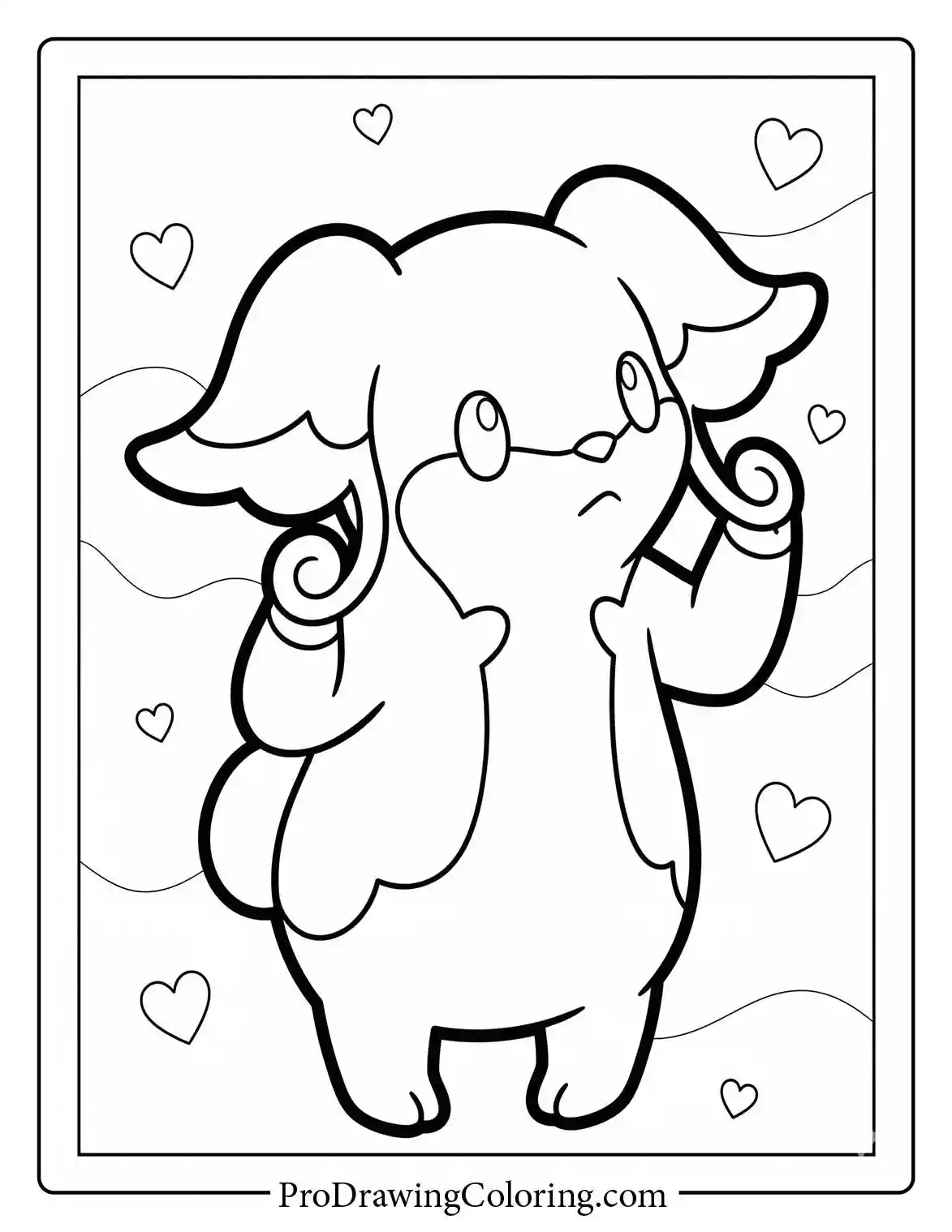Cute Audino looks slightly curious, raising one hand near its ear in a background filled with floating hearts, perfect to color.