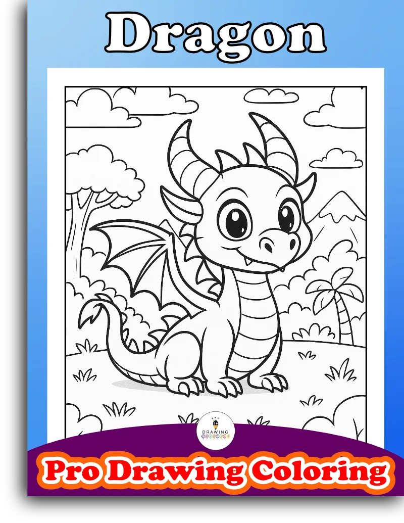 A happy cartoon baby dragon in a fantasy landscape, easy black and white printable for kids.