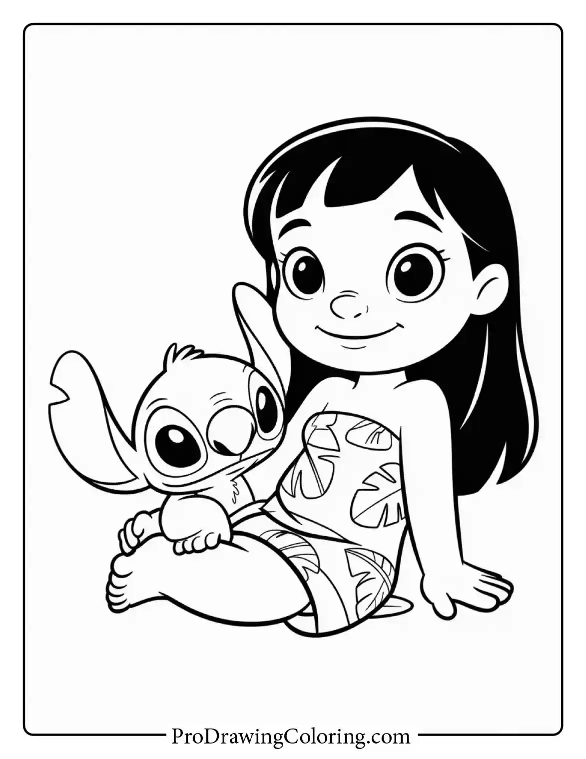 Cute Lilo and Stitch coloring pages showing a baby-like Stitch resting on Lilo's lap celebrating Ohana.