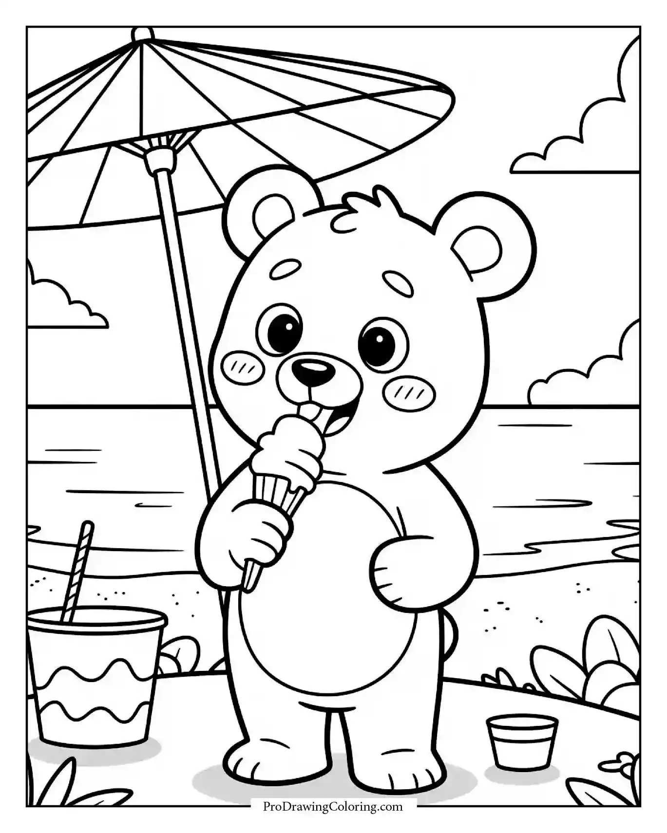 Adorable bear printable coloring sheet for kids eating ice cream on the beach