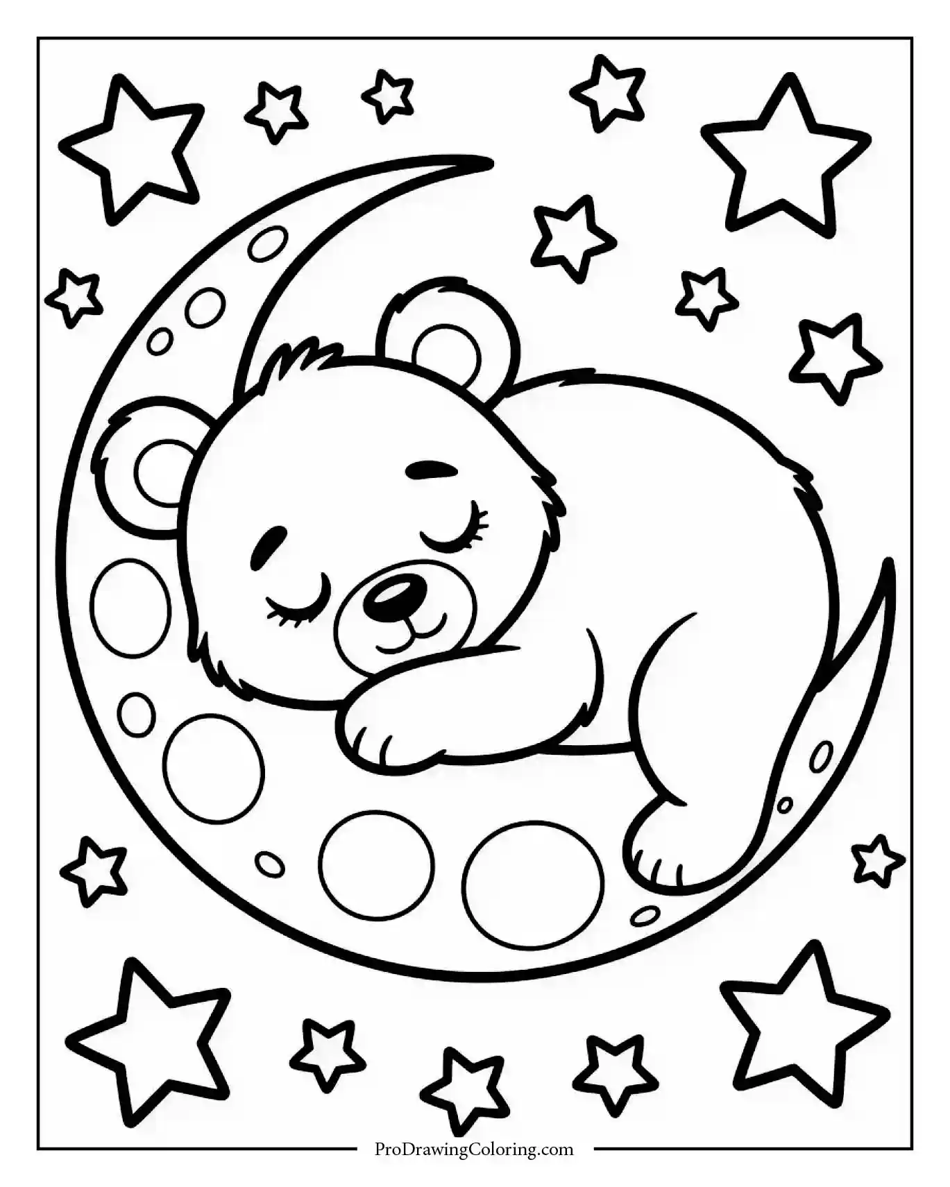 Cute bear resting on crescent moon surrounded by twinkling stars