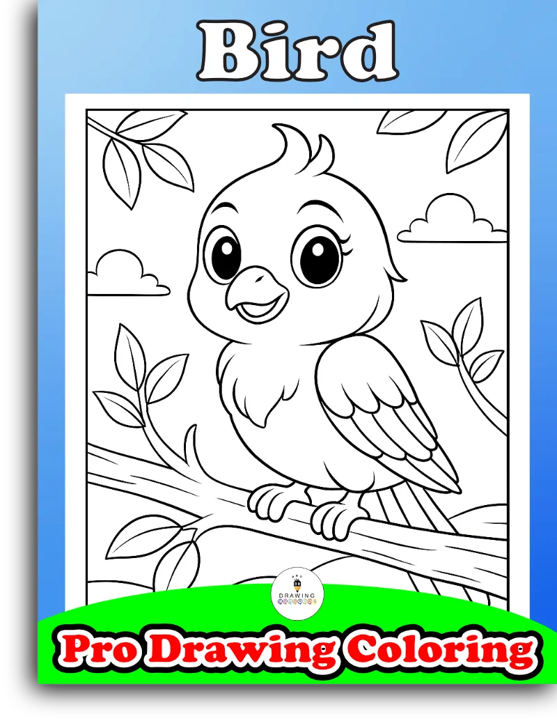 A small bird perched on a branch, this new black and white cartoon is a free printable for kids to print and cut.