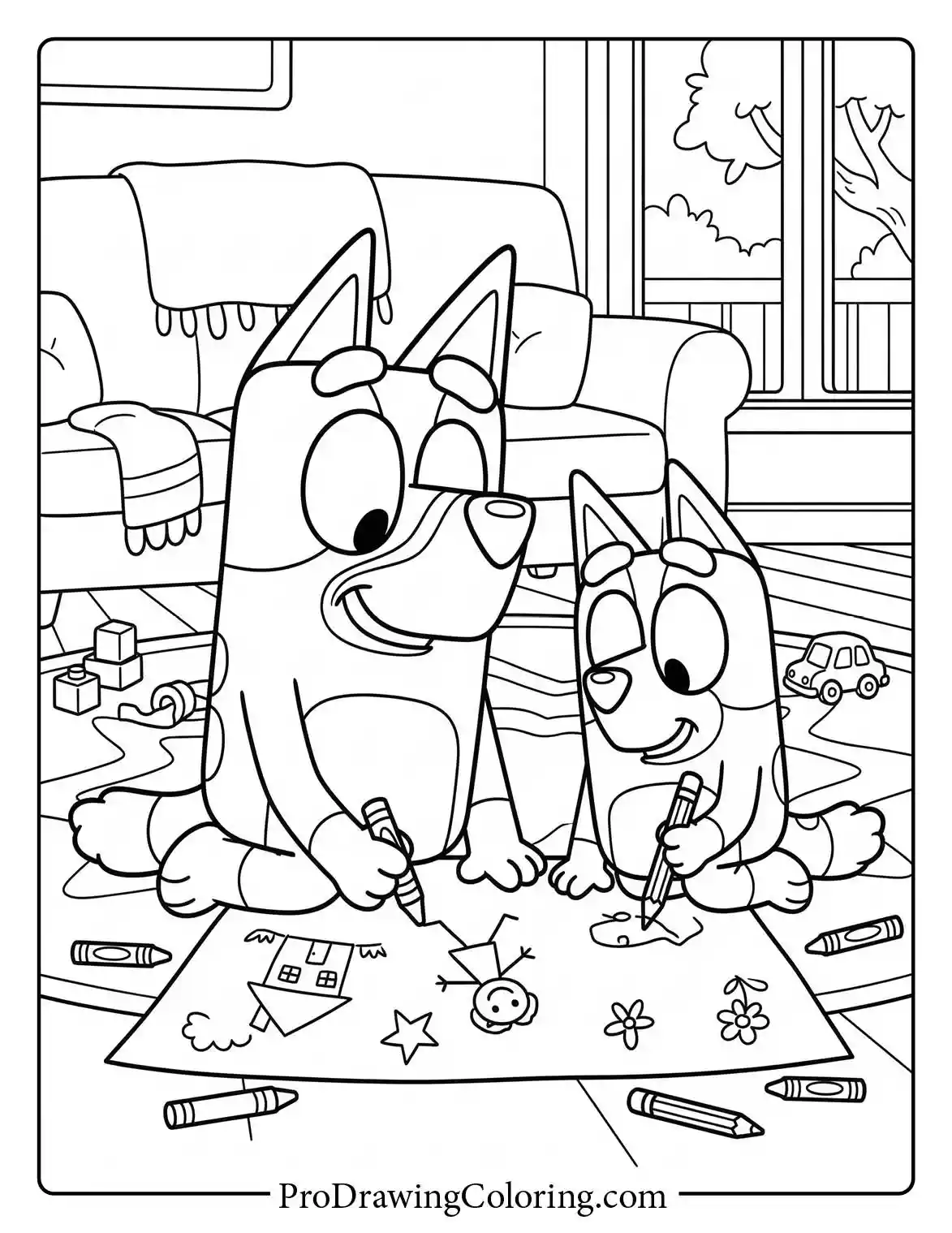 Bluey and Bingo coloring sheet featuring the two cute sisters drawing together on the floor.