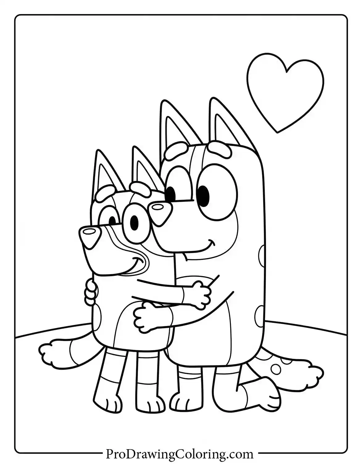 Cute bluey coloring pages showing Mom Chilli and her girl Bluey sharing a happy hug.