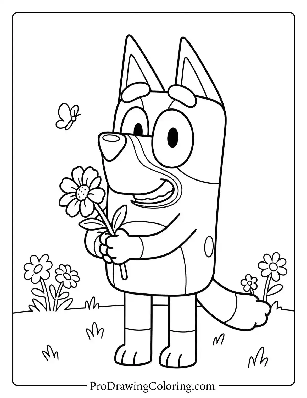 Bluey standing outside happily holding a bouquet of daisy flowers colouring page.