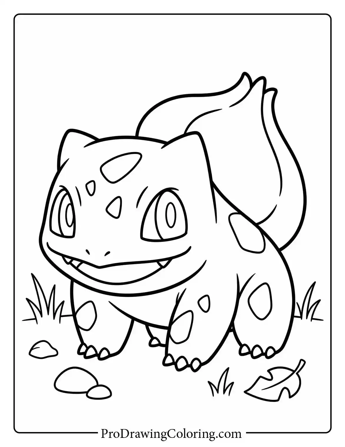Coloring page of an adorable Bulbasaur standing happily on the ground surrounded by small rocks and fallen spring leaves.
