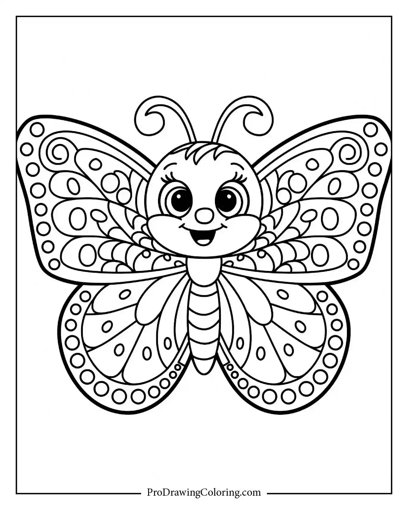 Cute butterfly with big eyes and decorative wing dots, easy coloring for kids.