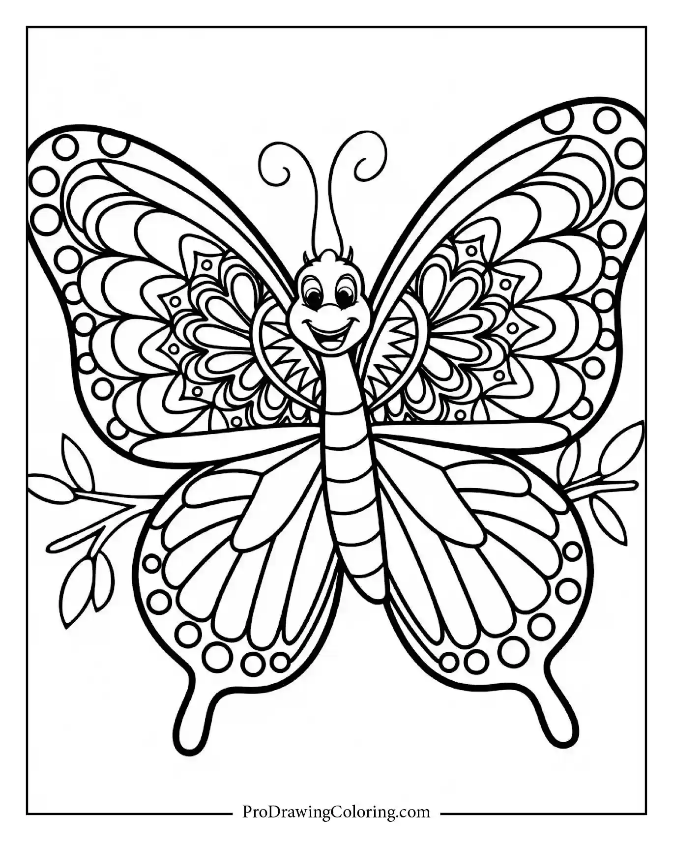 Adorable butterfly resting above leaves, easy line drawing for coloring time and classroom creativity.